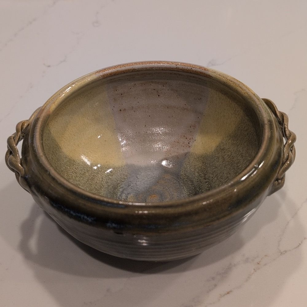 Handmade Ribbed Pottery Bowl with Braided Handles Artist Signed